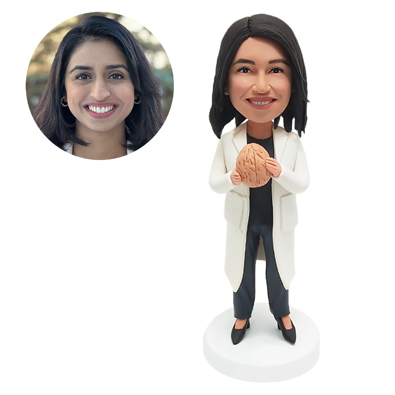 personalized bobblehead doctor holding a brain model