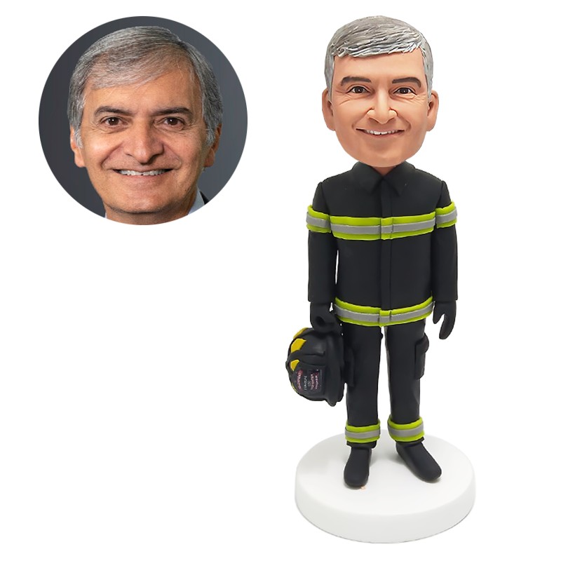custom bobblehead figurine fireman holding a helmet