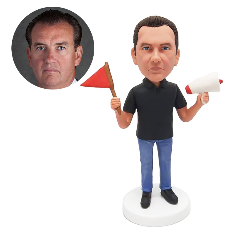 personalised bobble head guider holding a flag