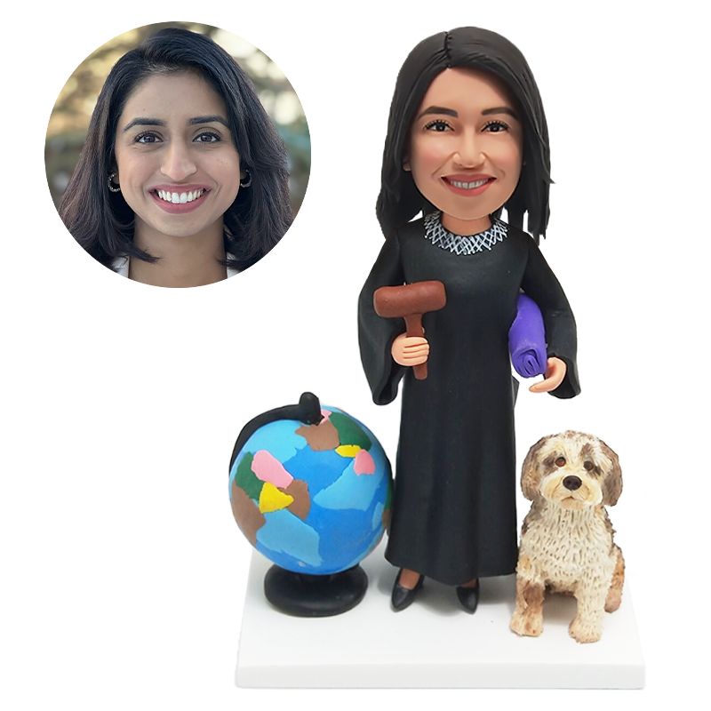 custom bobblehead figurine lady holding a hammer with a pet