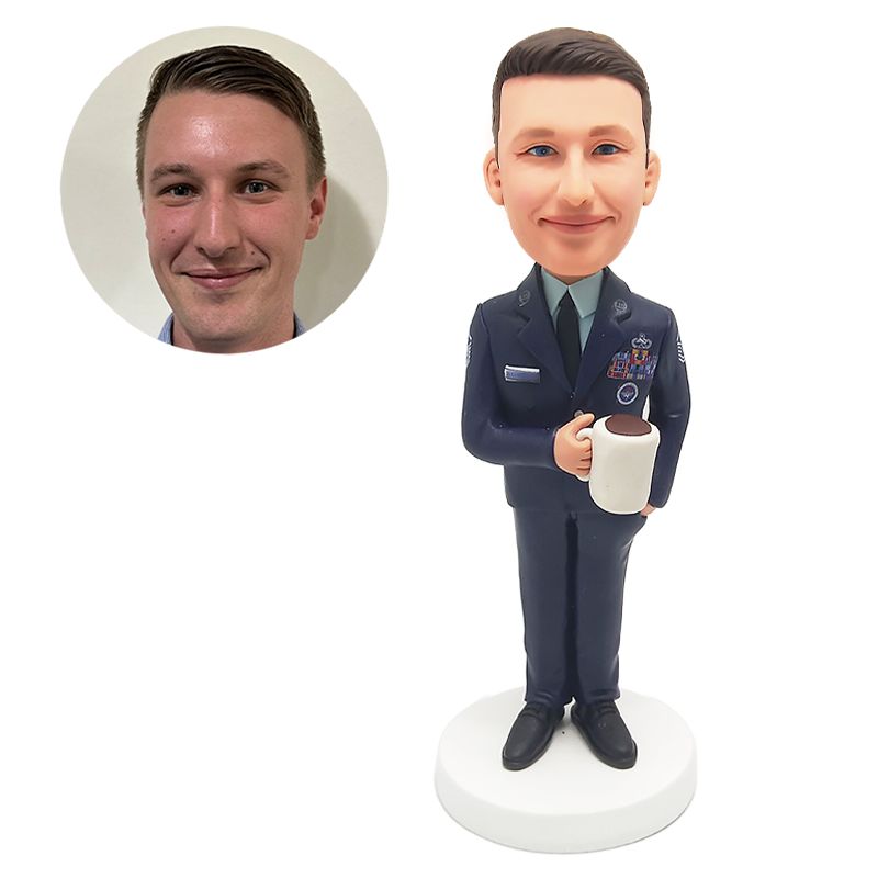custom bobblehead figurine man holding a cup of coffee
