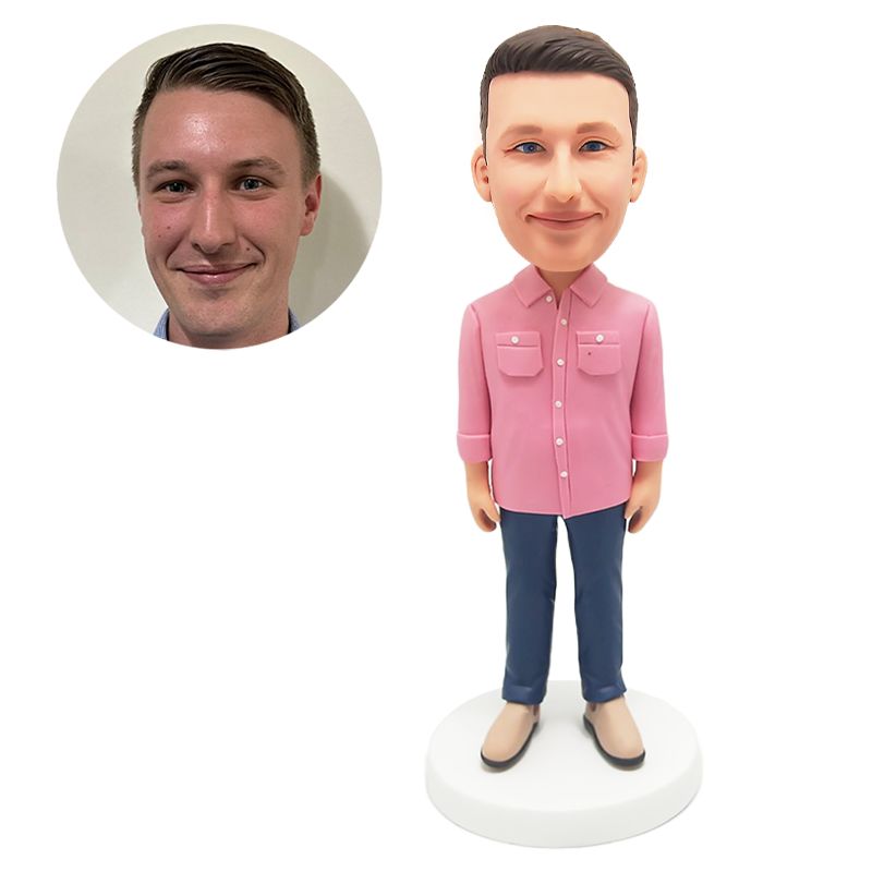 custom bobblehead figurine casual man in pink shirt