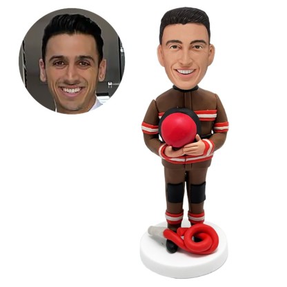 personalised bobble head fireman holding a fire hat with water pipe