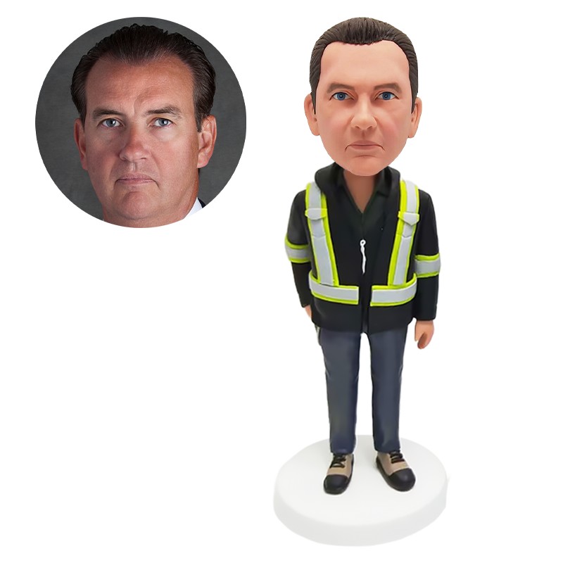 custom bobblehead figurine male worker with one hand in pocket