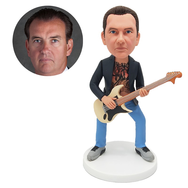 custom bobblehead figure man holding a guitar