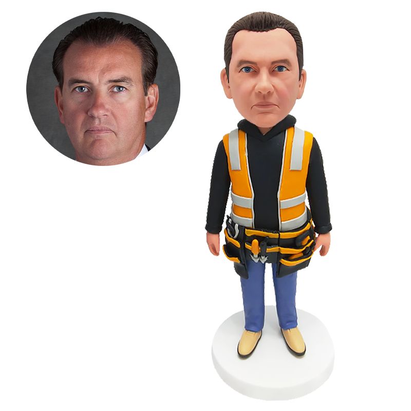 personalized bobblehead worker with a tool bag on his waist