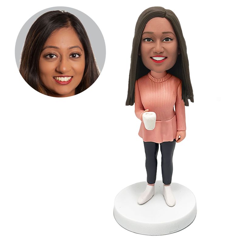 custom bobble head casual lady holding a cup of coffee