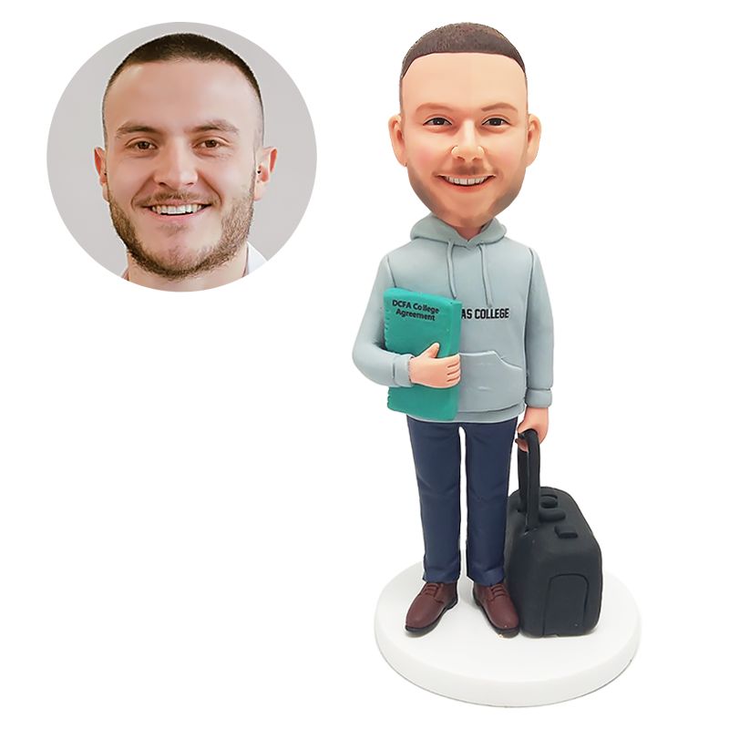 custom bobblehead figure casual man holding a noteboard and a bag