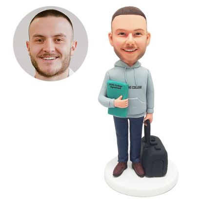 custom bobblehead figure casual man holding a noteboard and a bag
