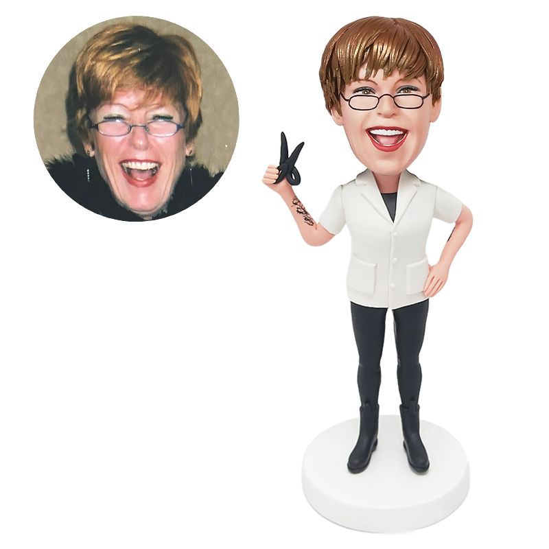 custom made bobblehead female barber holding a scissors