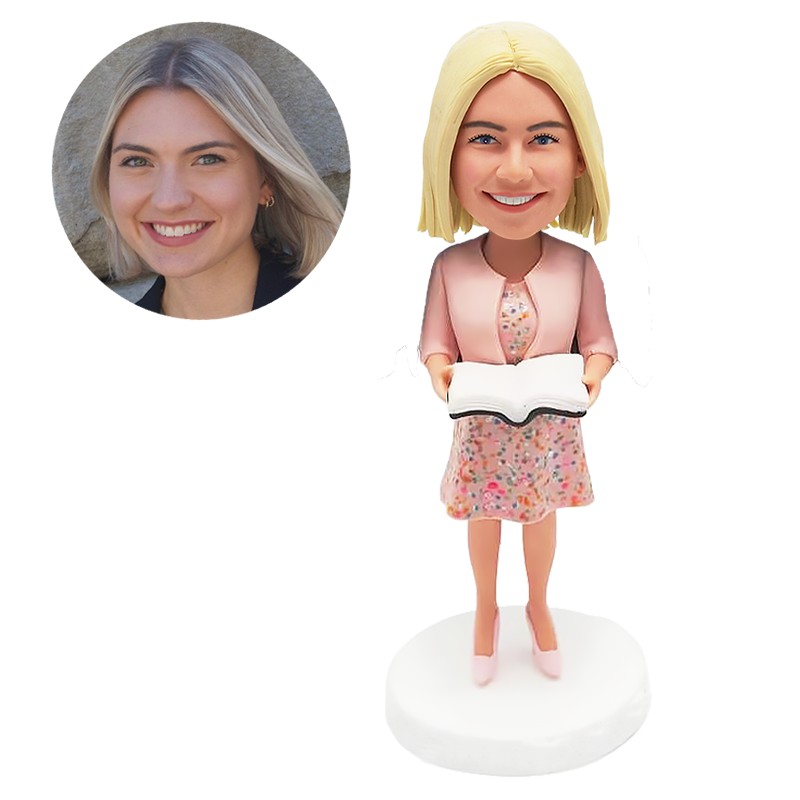 custom bobble head female teacher holding a book