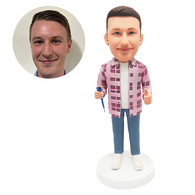 bobblehead custom maintenance man holding a tool with one thumb up