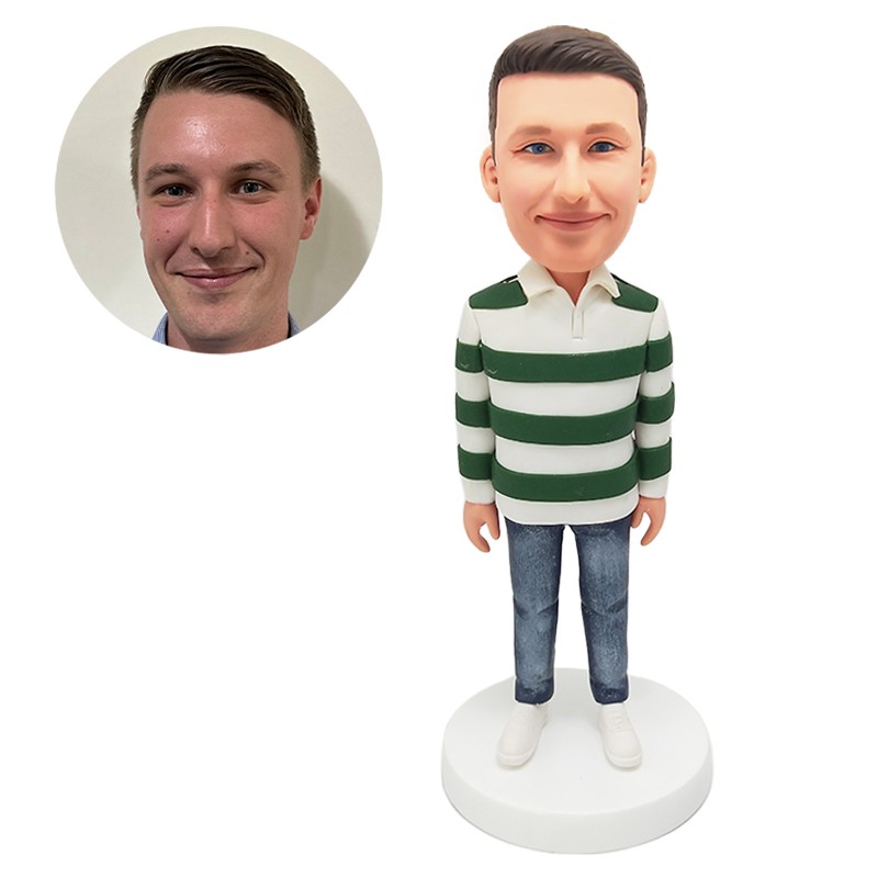 personalised bobble head man in striped shirt