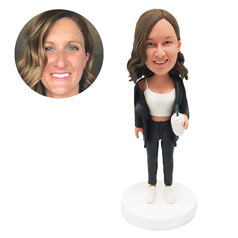 custom bobblehead figurine casual lady holding a drink