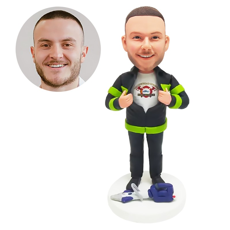 personalized bobblehead fireman tearing the shirt