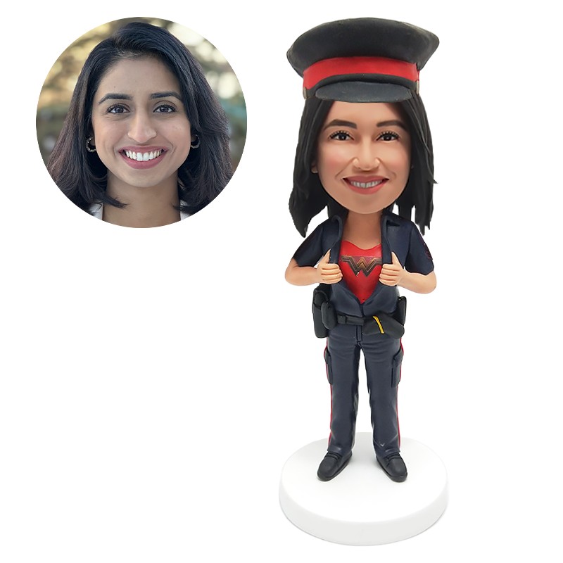 personalized bobblehead policewoman tearing police uniform