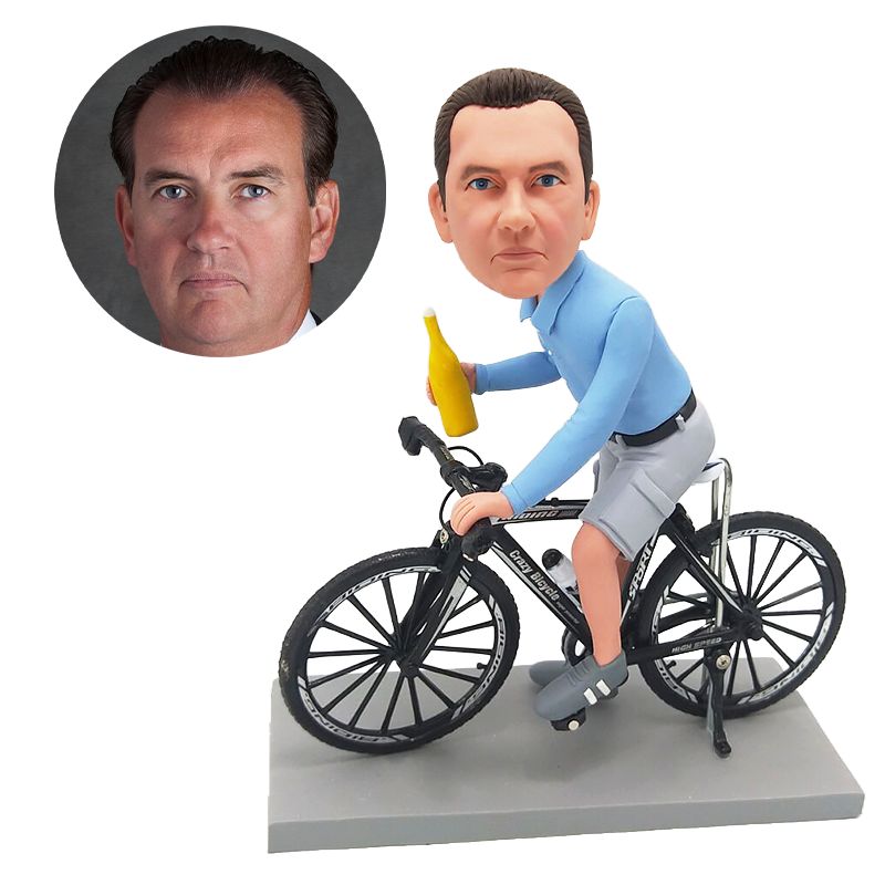 personalized bobblehead man riding a bicycle with a beer