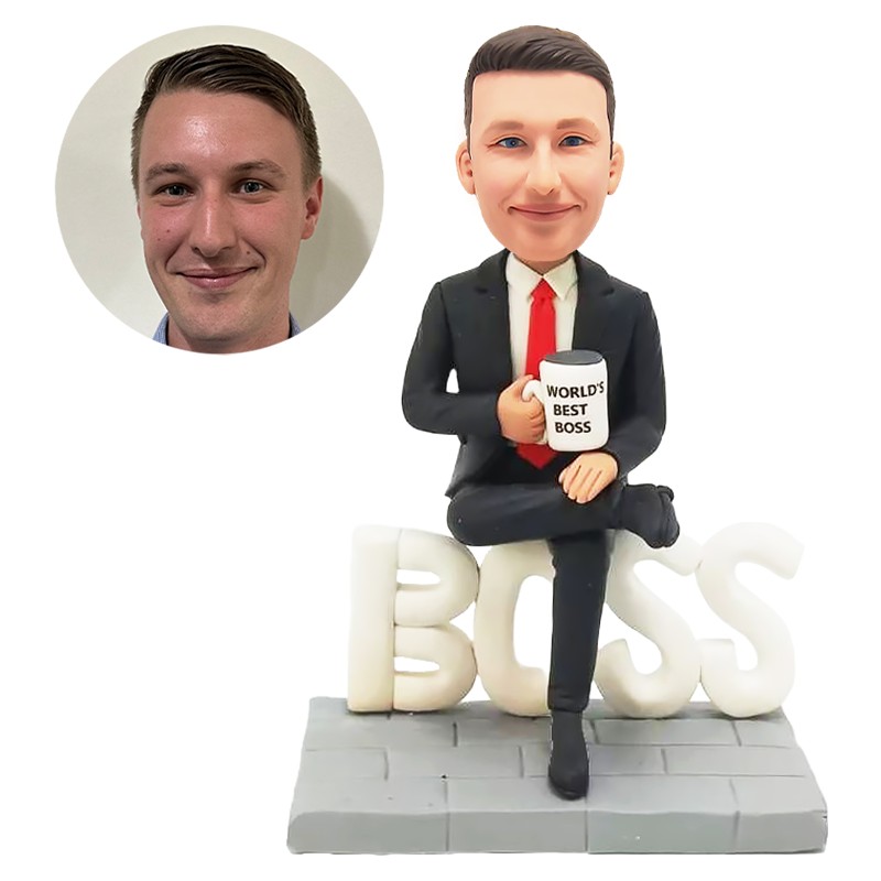 personalized bobblehead best boss holding a cup of coffee