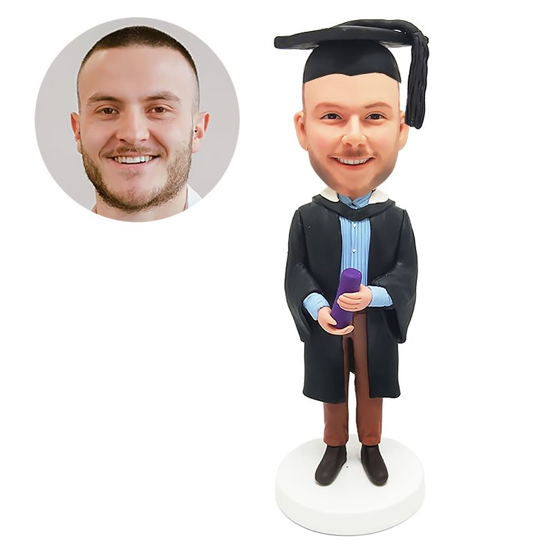 custom bobblehead male graduate holding a certificate