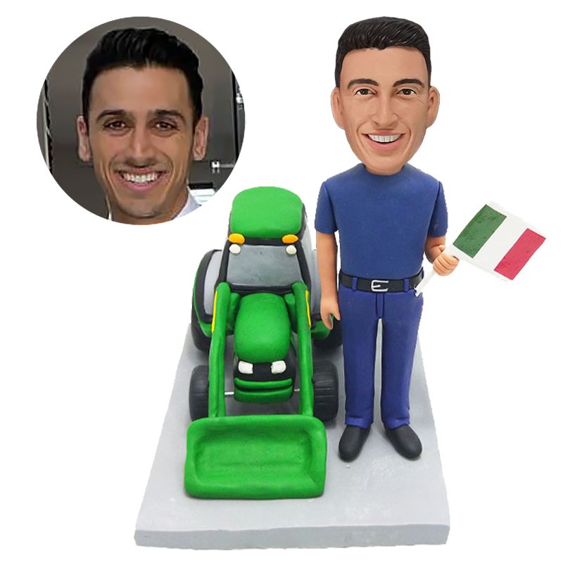 custom bobblehead figure worker holding a flag with a tractor