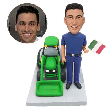 custom bobblehead figure worker holding a flag with a tractor
