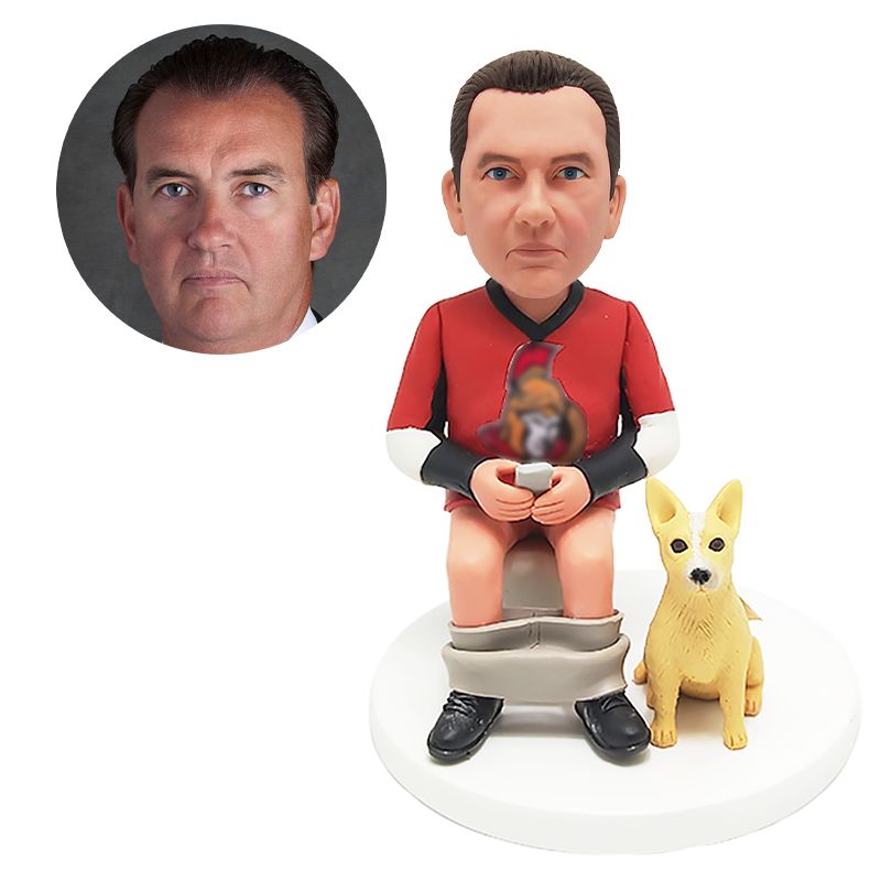 bobble head figurine funny man using his phone with his dog