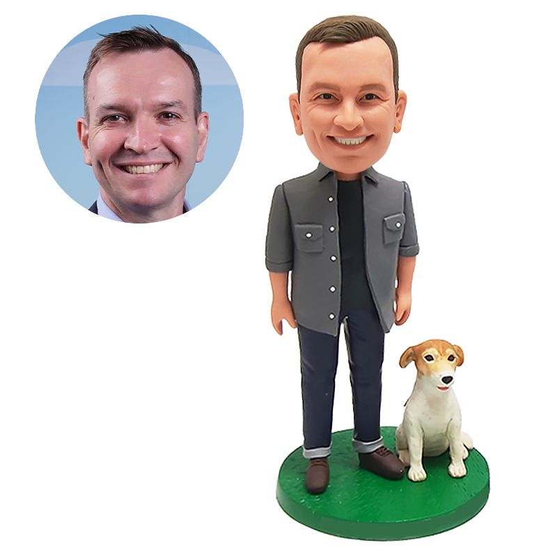 personalized bobblehead man in a dark uniform standing with his dog
