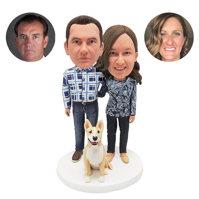 bobble head figurine casually dressed couple posing with their dog