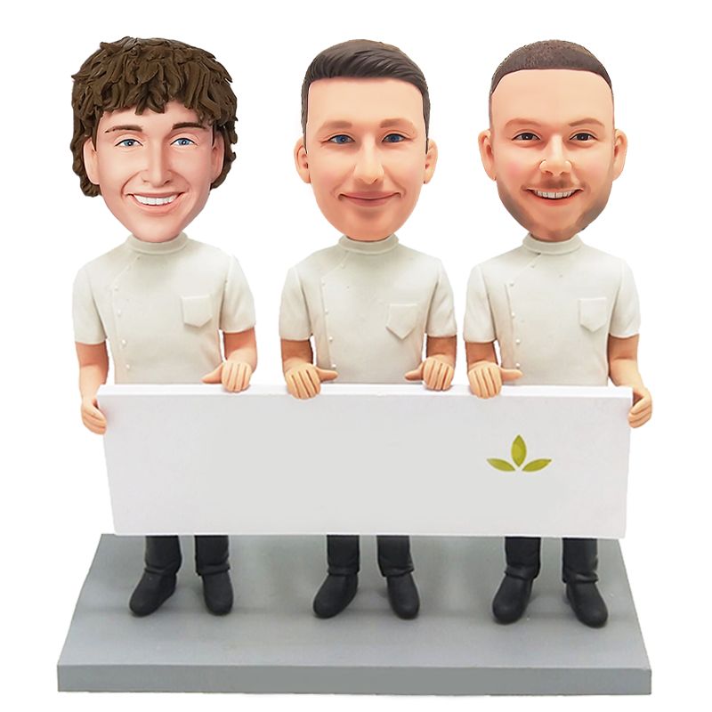 custom bobblehead three man team holding a company sign