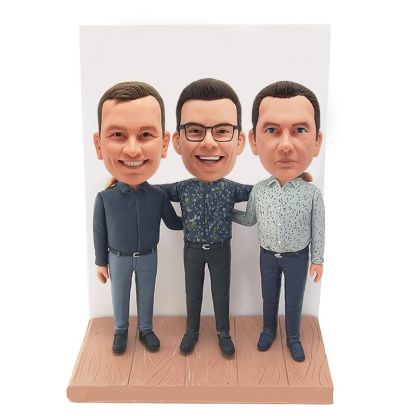personalised bobble head three company partners standing before a display panel