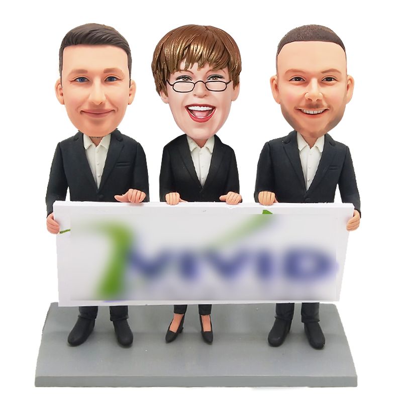 personalized bobblehead three colleagues holding a company banner