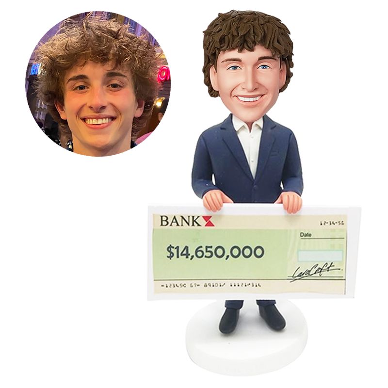 custom bobblehead figurine male bank manager holding a check