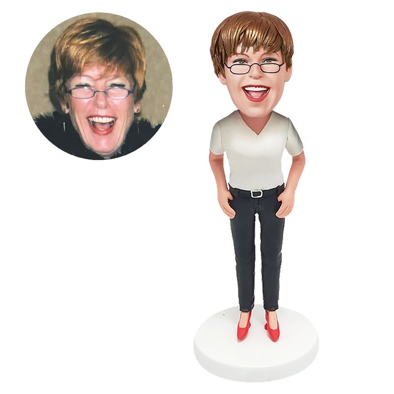 personalised bobble head office lady with hands on the hip