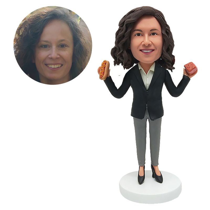 custom bobble head sales staff lady holding two cakes