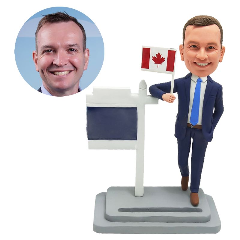 personalized bobblehead male boss holding a flag