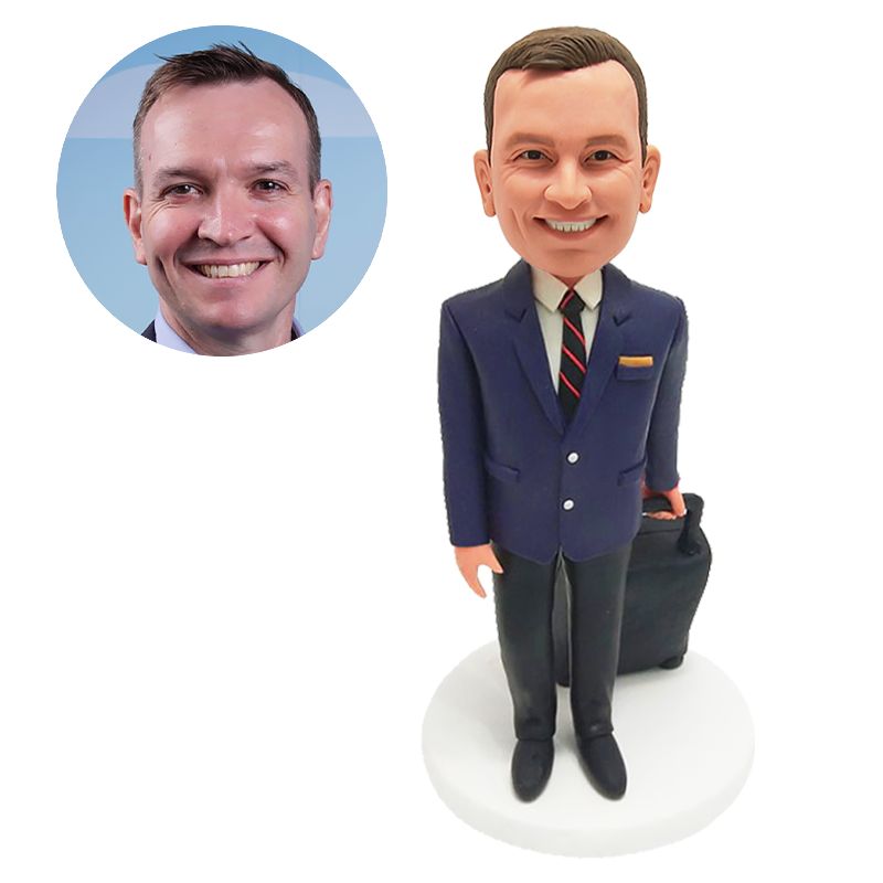 personalised bobble head male boss holding a suitcase