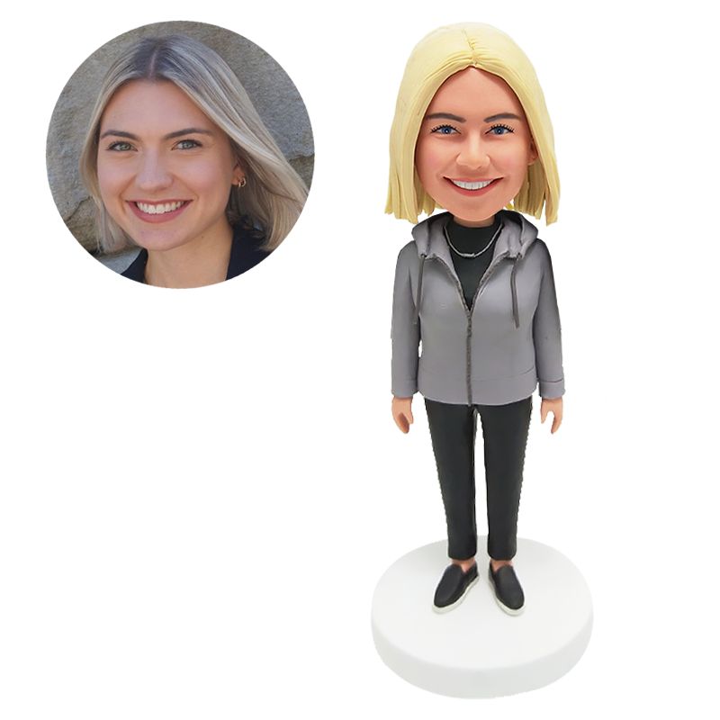 bobblehead custom office lady in zip up hoodie