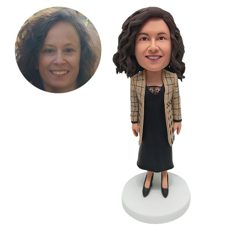 personalised bobble head elegant lady in plaid coat