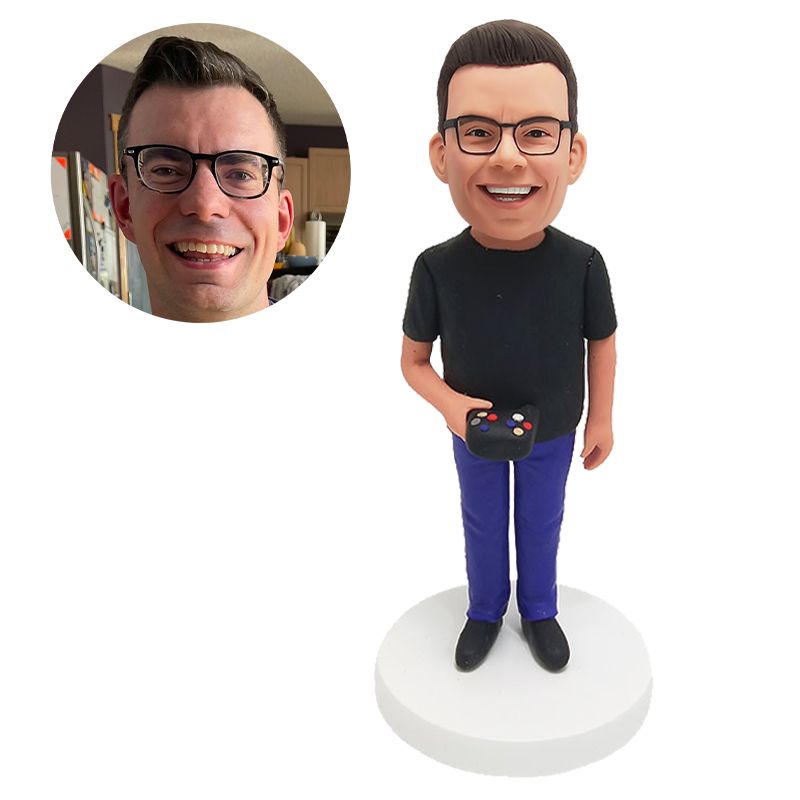 personalized bobblehead man holding a game machine
