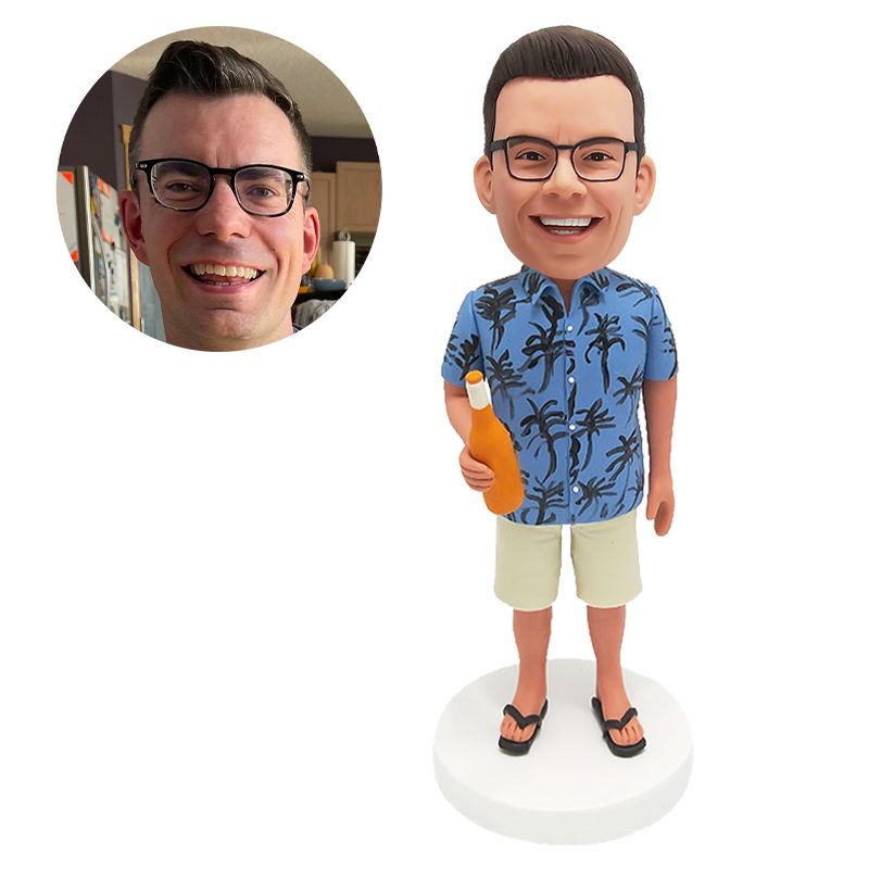 custom bobblehead man holding a bottle of beer