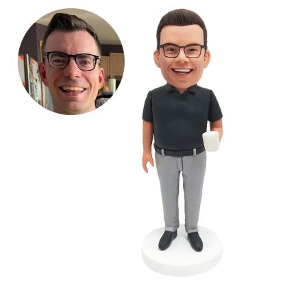 personalised bobble head man holding a cup