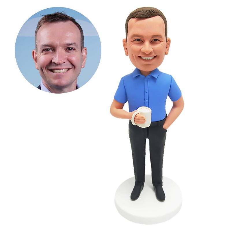 custom bobble head man holding a cup of coffee