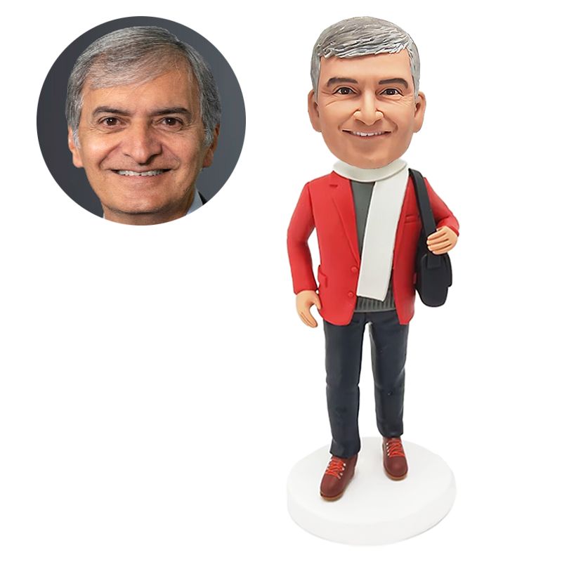 custom bobble head business man holding a bag