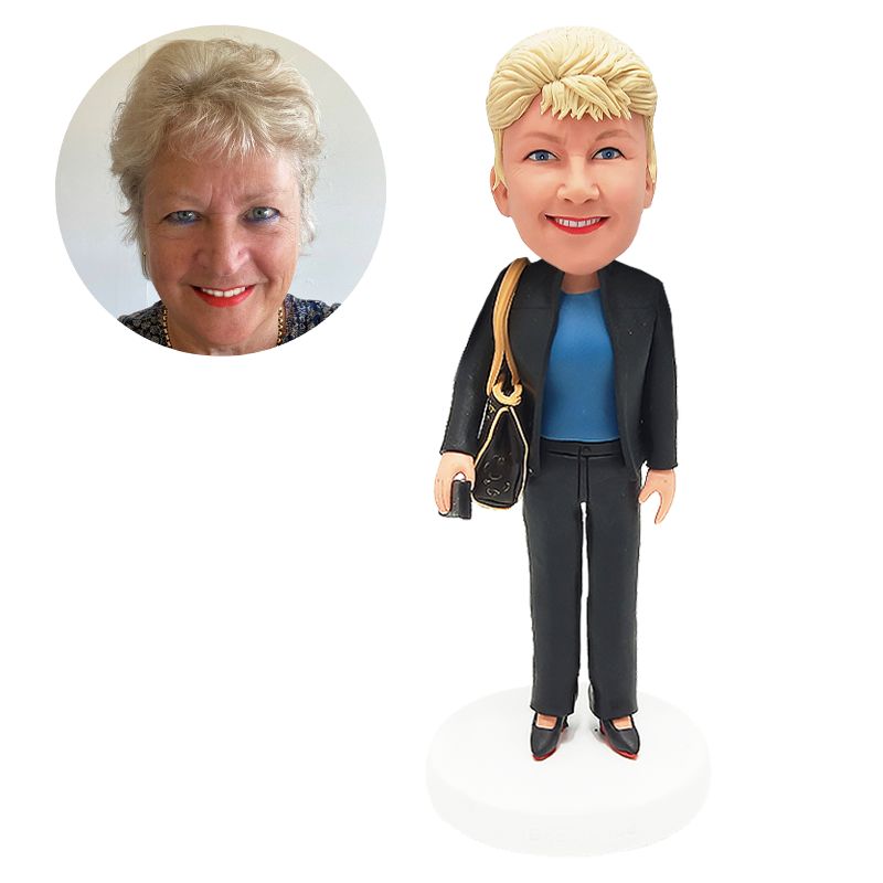custom bobblehead figurine casual lady holding a handbag