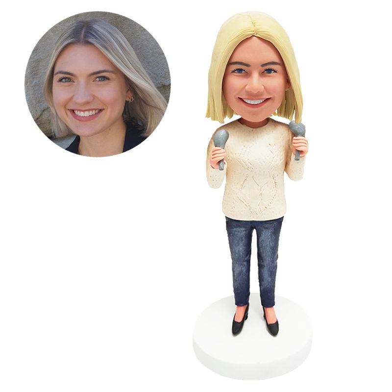 custom bobble head leisure lady holding two sand hammer