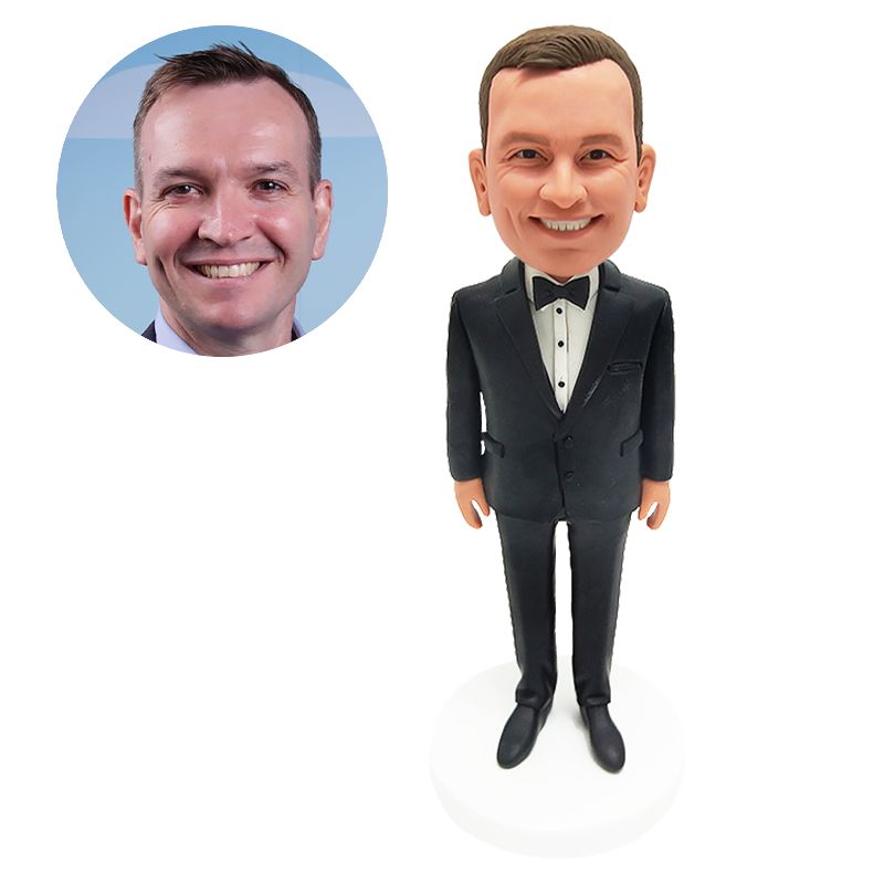 personalized bobblehead wedding groom in black suit with bow tie
