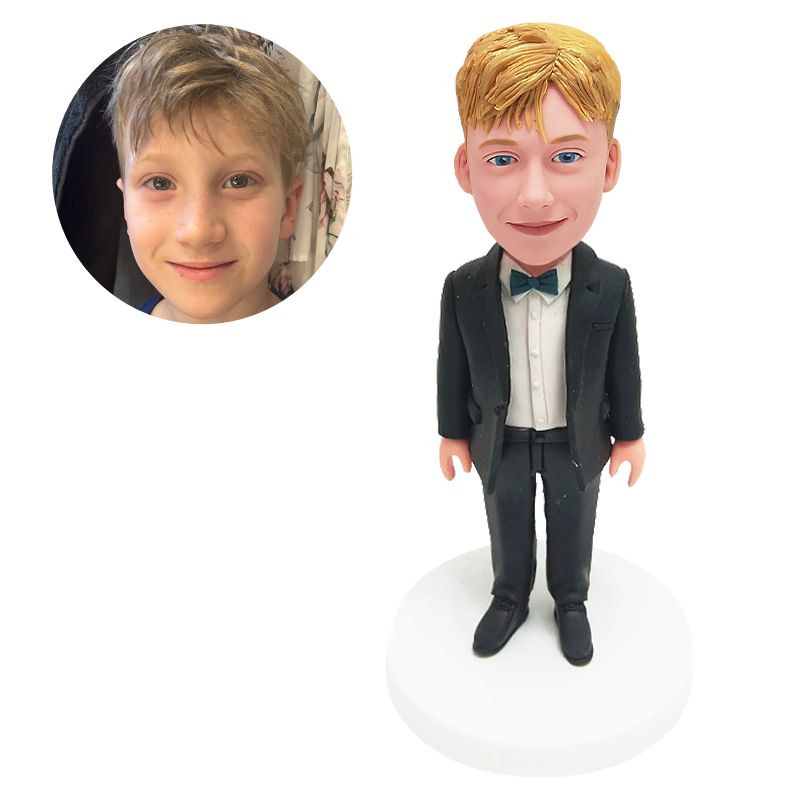 personalized bobblehead wedding flower boy in black suit