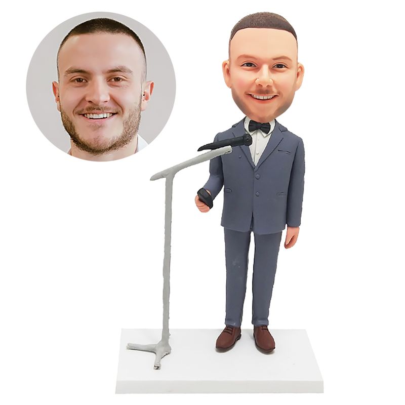 custom made bobblehead wedding groom holding a remote control and megaphone