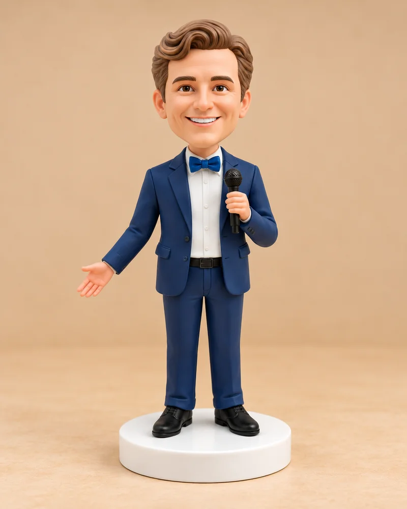 One navy-suited body model with a sample head, ready to be personalised.