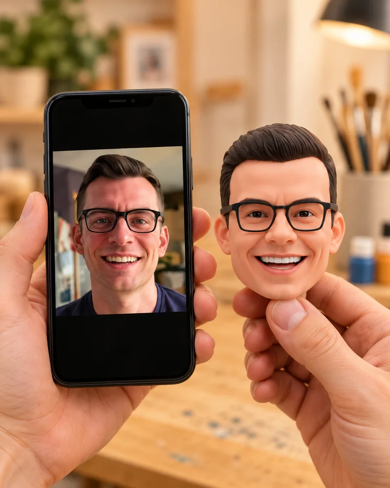 A customer photo on a phone beside the sculpted head with matching glasses.
